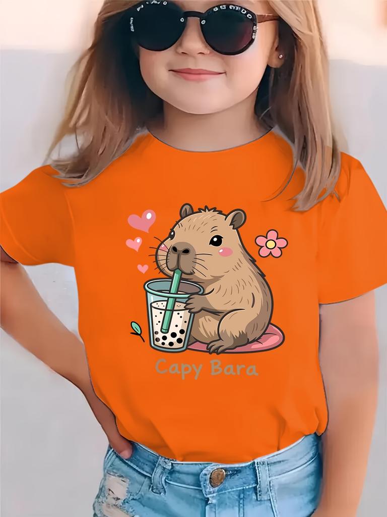 Модная детская футболка CAPY BARA Цветок Любви Пьет Молочный Чай Элементы Капибары Мультяшный Узор Печать Родитель-Ребенок Верх