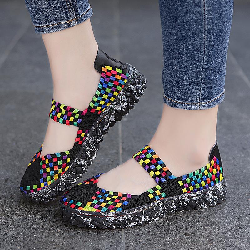 Женская эластичная плетеная прогулочная обувь Сандалии на плоской подошве Удобные повседневные нескользящие легкие дышащие кроссовки Мэри Джейн Обувь для медсестер Повседневные женские лоферы