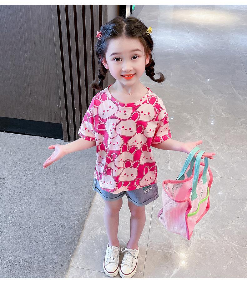 Girls Summer Cute Bunny Print Round Neck Short Sleeve T Shirt