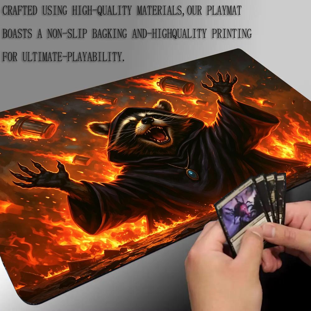 Raccoon Sorcerer TCG Playmat Fiery Burning Trash Can Play Mat 600X350 Non‑Slip Rubber Mousepad for MTG DND CCG Trading Card Game