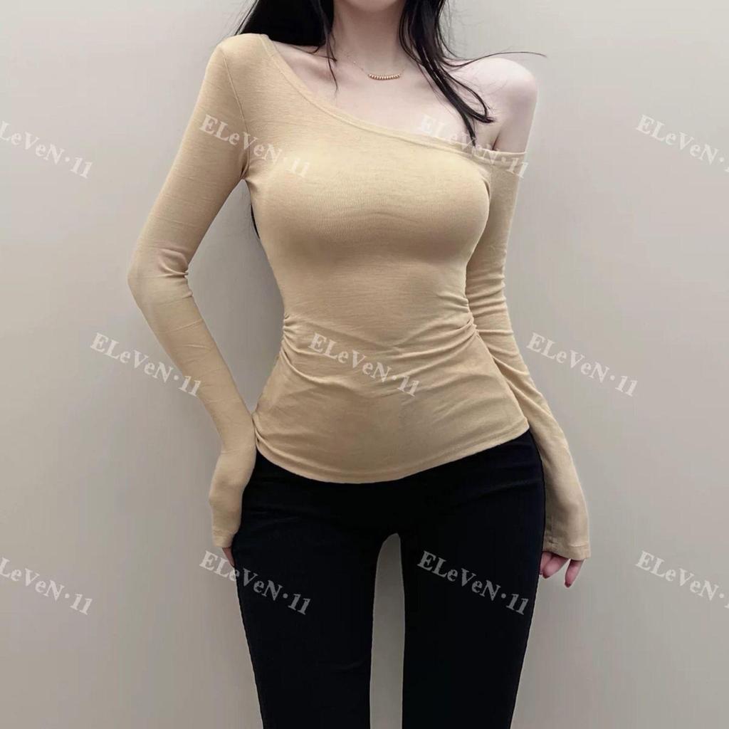 Корейский стиль Сексуальная футболка с открытыми плечами Slim Fit с длинным рукавом для осени/зимы