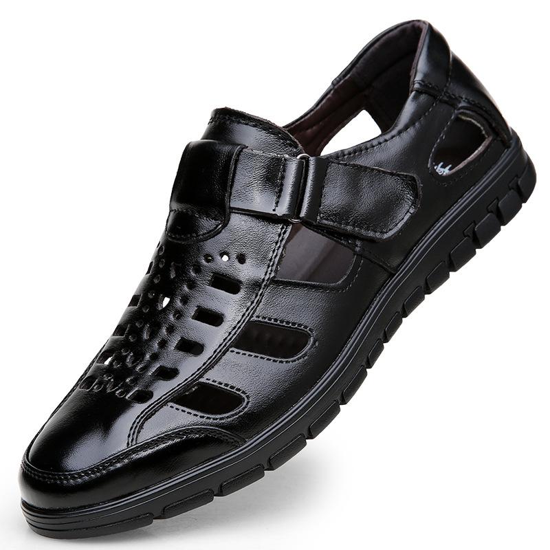 Летние мужские сандалии кожаные дышащие повседневные туфли с отверстиями из коровьей кожи износостойкие ажурные H400