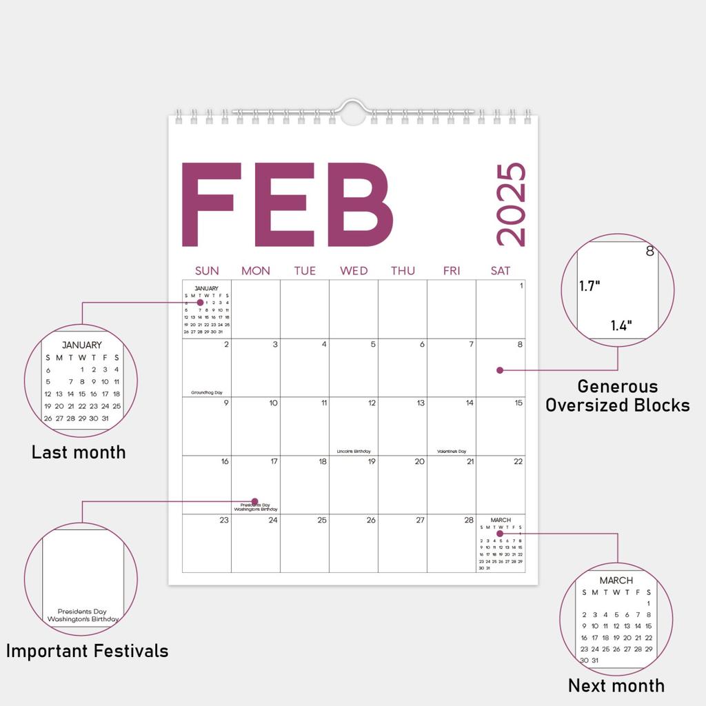 Calendar 2025,  Color Calendar 12 Months, Double Coil Spiral Binding Monthly Planning Calendar