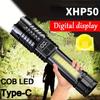 1 перезаряжаемый фонарик с высокой яркостью, светодиодный фонарик ABS XHP50 USB сверхъяркий фонарик, ручной цифровой дисплей фонарик
