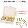 Набор из 15 фрез с хвостовиком 1/4 дюйма, твердосплавные фрезы для деревообработки, обрезки, гравировки, резьбы по дереву, режущие инструменты с коробкой
