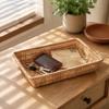 Rectangle Woven Serving Tray Wood Color Kitchen Storage Basket  For Candies and Biscuits