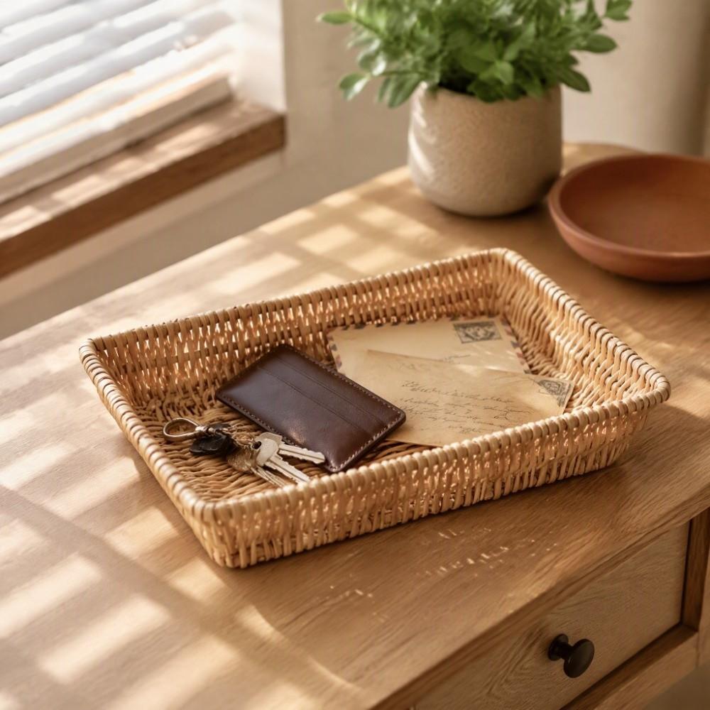 Rectangle Woven Serving Tray Wood Color Kitchen Storage Basket For Candies and Biscuits