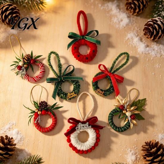 Decorative Holiday Wreath Mini Christmas Ornament, Miniature Artificial with Bow, Seasonal Tree Decor Pinecone, Xmas Hanging for Party
