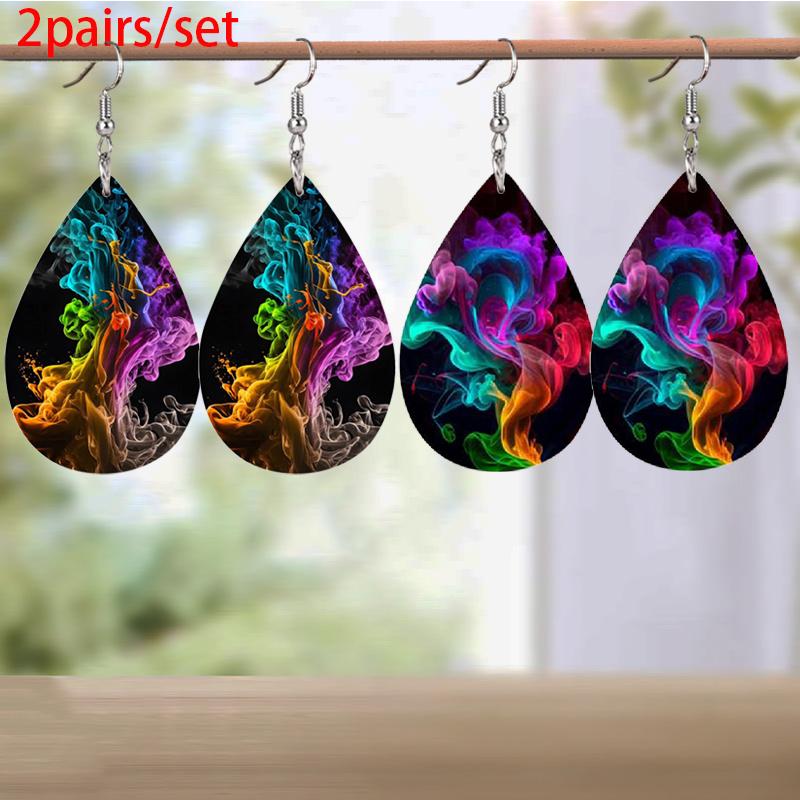 Clouds Fog Pattern PU Leather Earrings For Women Creative Fashion Water Drop Shape Dangle Earrings Double-sided Pattern Design Earring