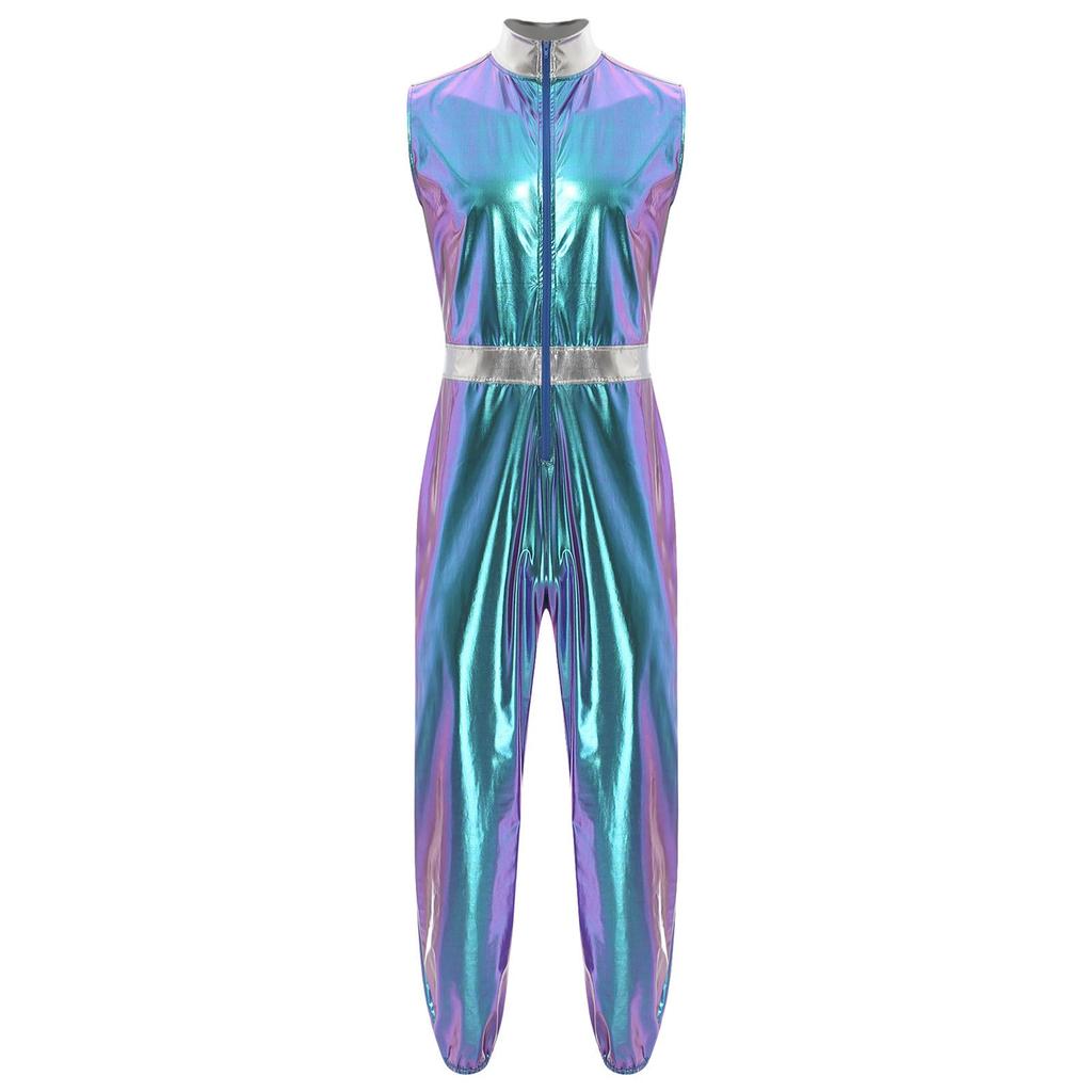 Mens Shiny Metallic Sleeveless Full Length Zipper Jumpsuit Bodysuit