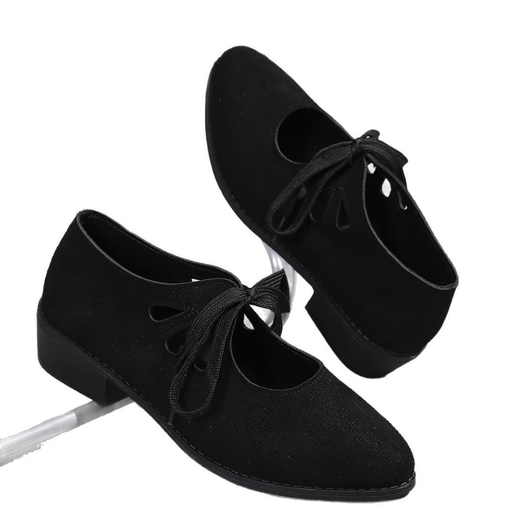 Large Size Shallow Lace-up Fashion Single Shoes Women's Spring New European and American Versatile Thick Heel Pointed Women's Shoes