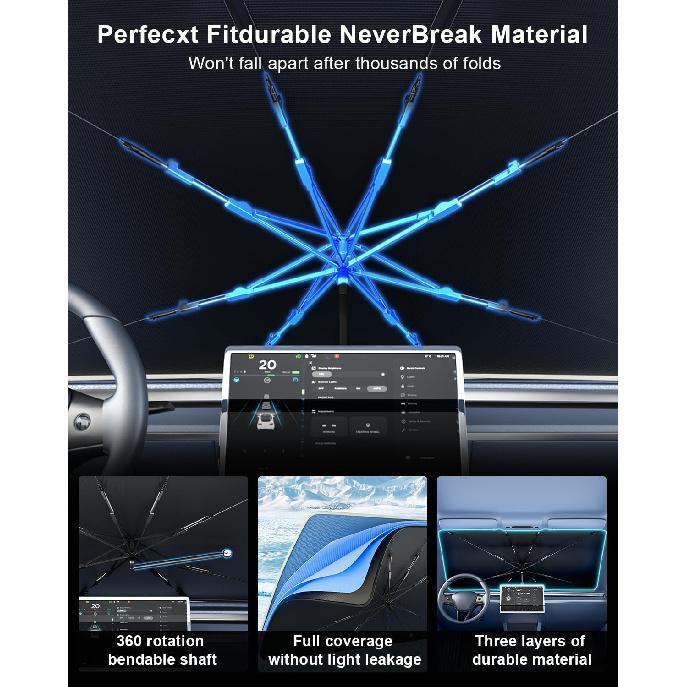 helloleiboo [2025 Upgraded] Car Windshield Sun Shade Umbrella 57"x 32" Windshield Sun Shade Foldable 5-Layer Thickened Vinyl Coating Reflective