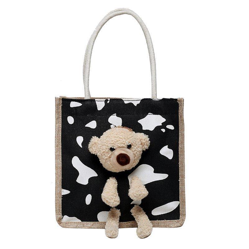 Simple Cute Bear Handbag Ladies Fashion Commuter Canvas Bag Cubic Bear Decoration Canvas Material