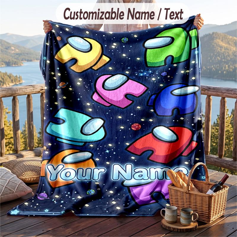 Among Us Flannel Blanket, Personalized Custom Name Text, Soft Warm Plush Throw Blanket For Gift