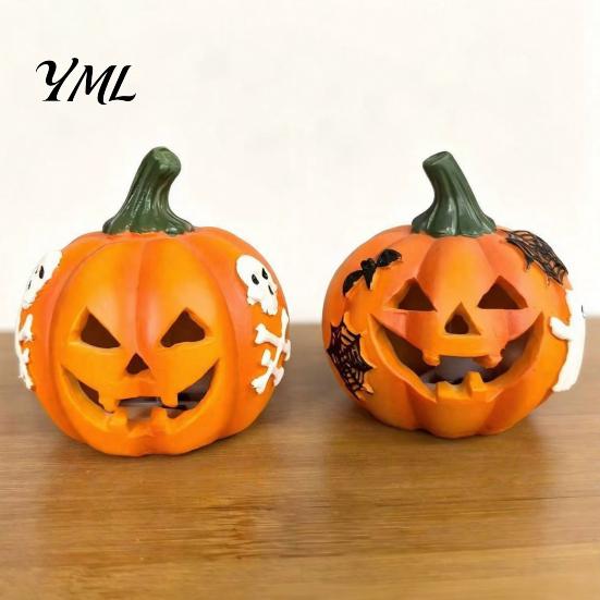 Halloween Party Centerpieces Spooky Lighted Pumpkin Figurine, Engraved Light-Up Resin LED Lights for Porch Statue Tabletop Indoor Outdoor Garden Patio