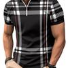 Men Summer Shirt Lapel Zipper Color Matching Plaid Striped Print Slim Fit Short Sleeve Pullover Mid Length Soft Breathable Men Business Top