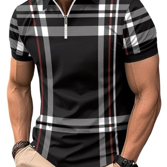 Men Shirt Lapel Zipper Color Matching Plaid Striped Print Slim Fit Short Sleeve Pullover