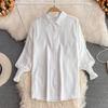 3Pcs/Set Women Shirt Vest Set Lapel Lantern Long Sleeve Single Breasted Shirt O-neck Side Slit Knitting Vest Set with Belt