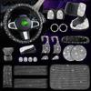 Car Steering Wheel Cover & Accessories Set: Includes Gem-Studded Phone Holder, Diamond Coaster, Ignition Ring, and Shoulder Pad