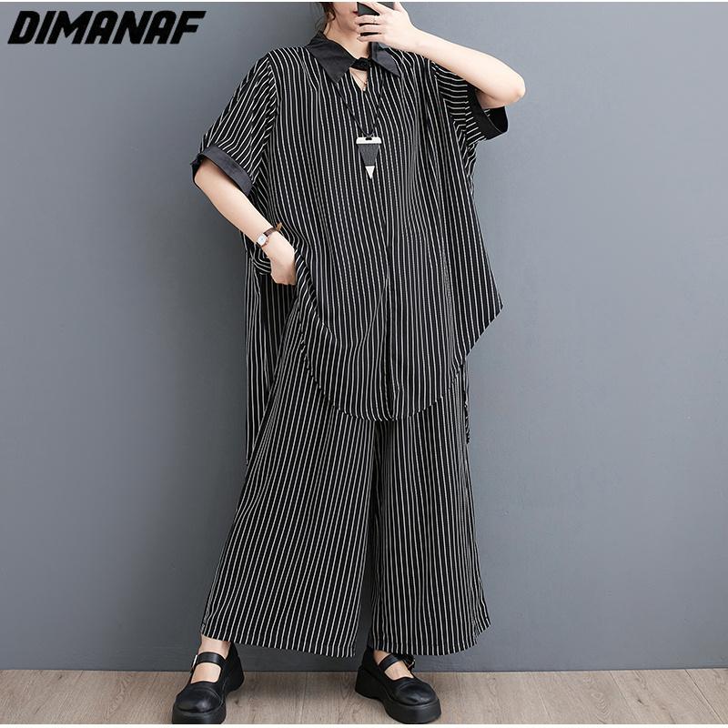 DIMANAF 2023 плюс размер комплект из двух предметов, женский шифоновый костюм в полоску с принтом Vinatge, топы и брюки, женский костюм, летний черный
