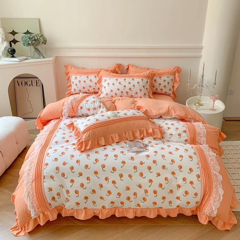 4Pcs Princess Bow Korean Duvet Cover With Ruffle Lace Luxury Bedding Set Bed Sheet For Girls Flower Bedspread Decor Home