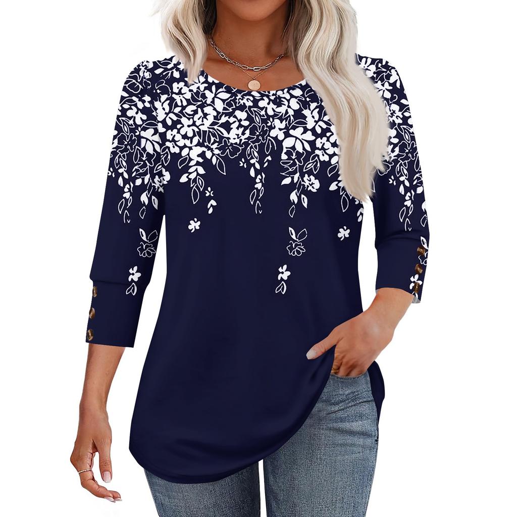 Женская мода Повседневная Винтажная Футболка Топ с круглым вырезом и рукавом в семь сложений с цветочным принтом
