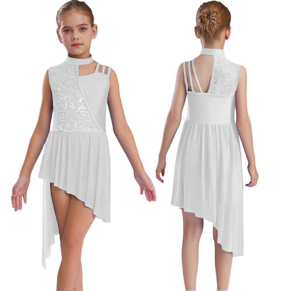 Платье-купальник без рукавов с воротником-стойкой – Асимметричное плечо, Цветочное кружево со стразами, Неровный подол для лирического танца