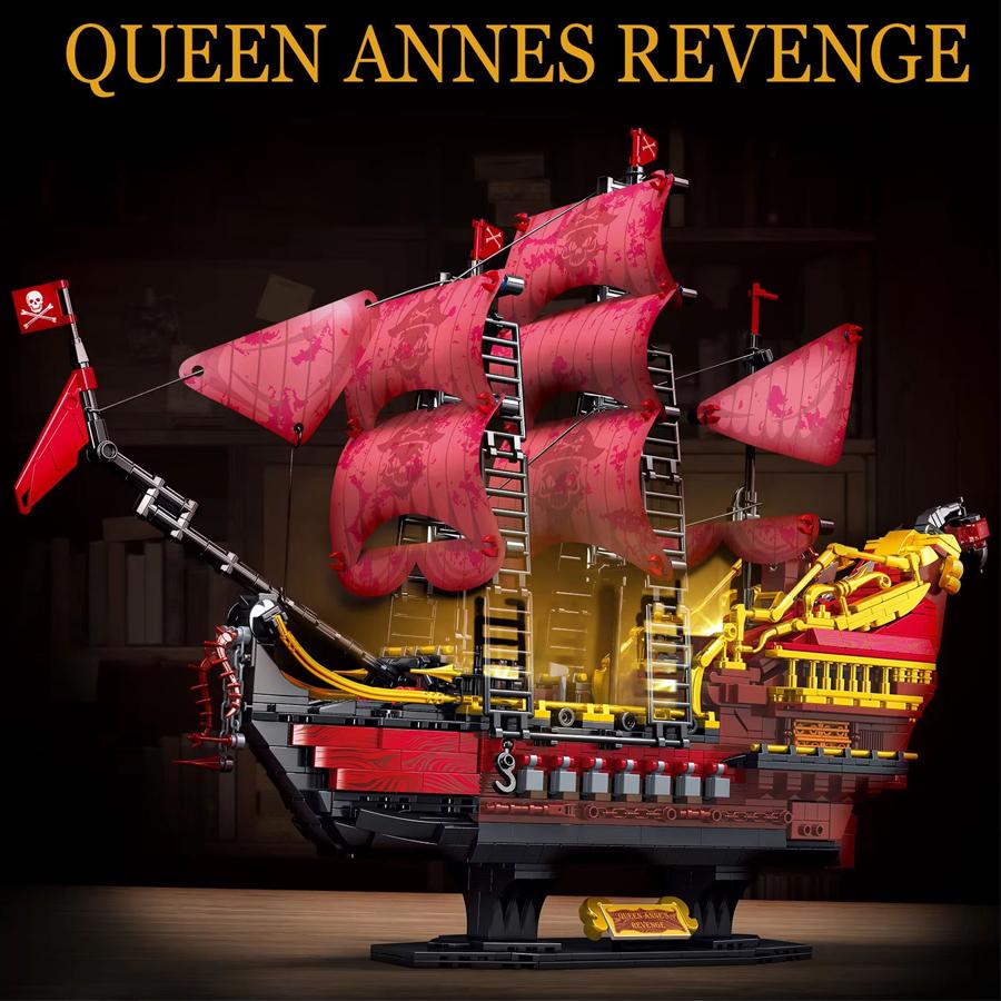 2088PCS Queen Revenge Pirate Ship Building Blocks Models Assembly Toys Small Particle Bricks Game With Lights Gifts Ornaments