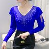 High Quality Spring Autumn Women Blue Black Mesh Inlaid Diamonds Ruffles TShirt Fashion Long Sleeve Slim Tops Sexy V-neck Casual Tees