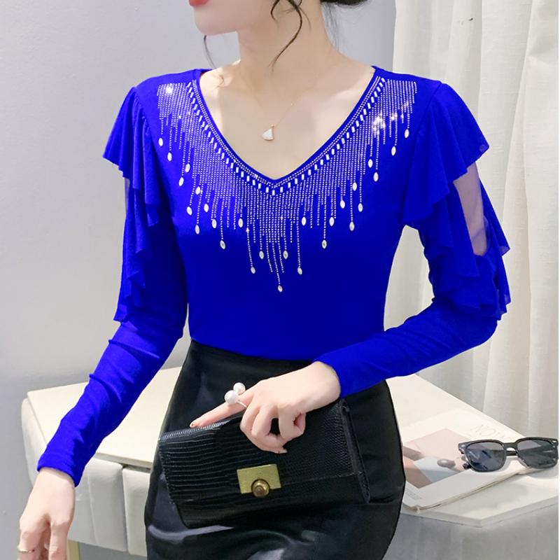 High Quality Spring Autumn Women Blue Black Mesh Inlaid Diamonds Ruffles TShirt Fashion Long Sleeve Slim Tops Sexy V-neck Casual Tees