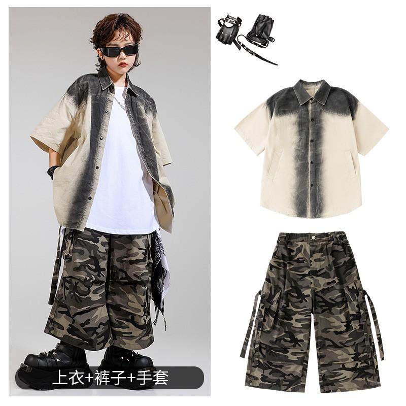 Kids Hip Hop Performance Outfit Set Cotton Shirt Camo Pants Dance Stage Show Boys Girls