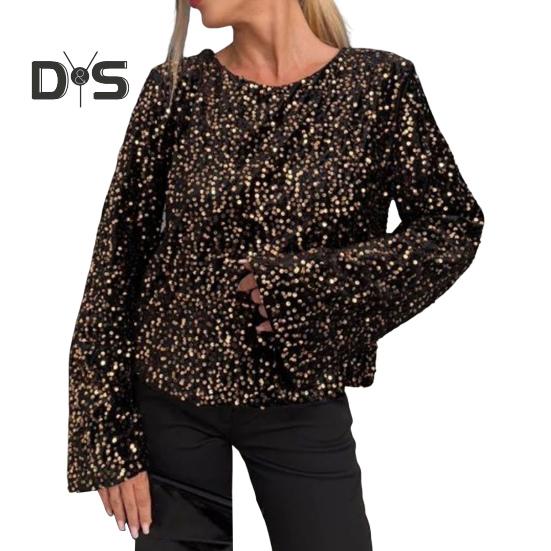 Женские топы с круглым вырезом, длинным рукавом, завязкой сзади, сексуальные топы свободного кроя, однотонные, повседневные блузки для вечеринок, повседневная одежда