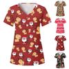 Women's Christmas Printing Short Sleeve V-neck Tops Working Pocket Blouse