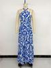 Summer Retro Style Blue & White Porcelain Print Halter Backless Split Dress
