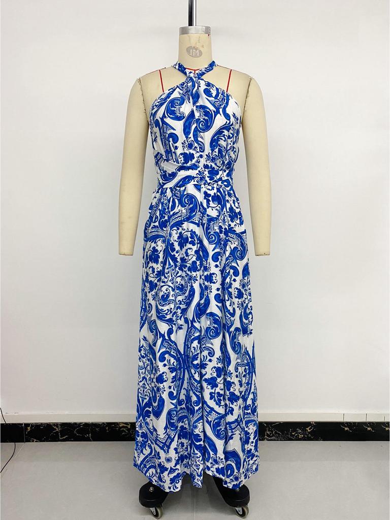 Summer Retro Style Blue & White Porcelain Print Halter Backless Split Dress