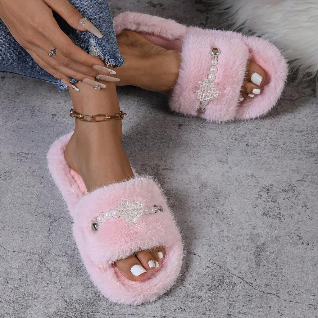 Fashion Slippers Women Basic Daily Flat Low Heels Leisure Women Shoes Slip On Fur Plush String Bead Pearl Winter Shoes Plus Size