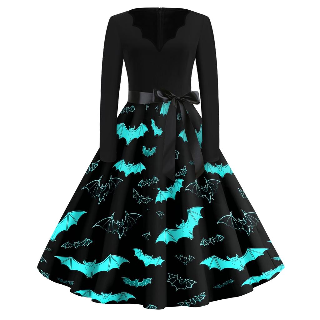 Women's Casual Vintage V Neck Dress Halloween Printed Long Sleeve Retro Style Pumpkin Bat Pattern Full Skirt Dress with Waist Tie