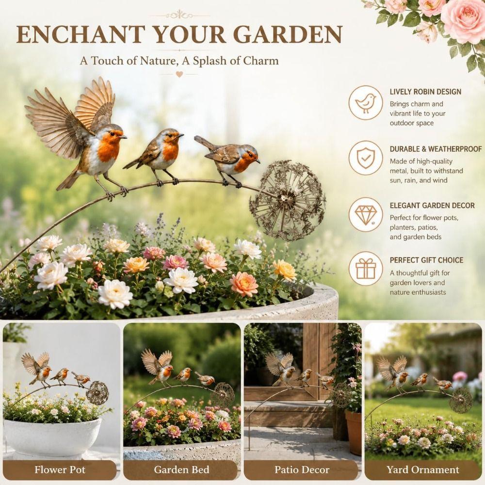 Weather Resistant Robin Garden Stake Metal Bird Plant Stake New Bird Garden Stake Patio Decor