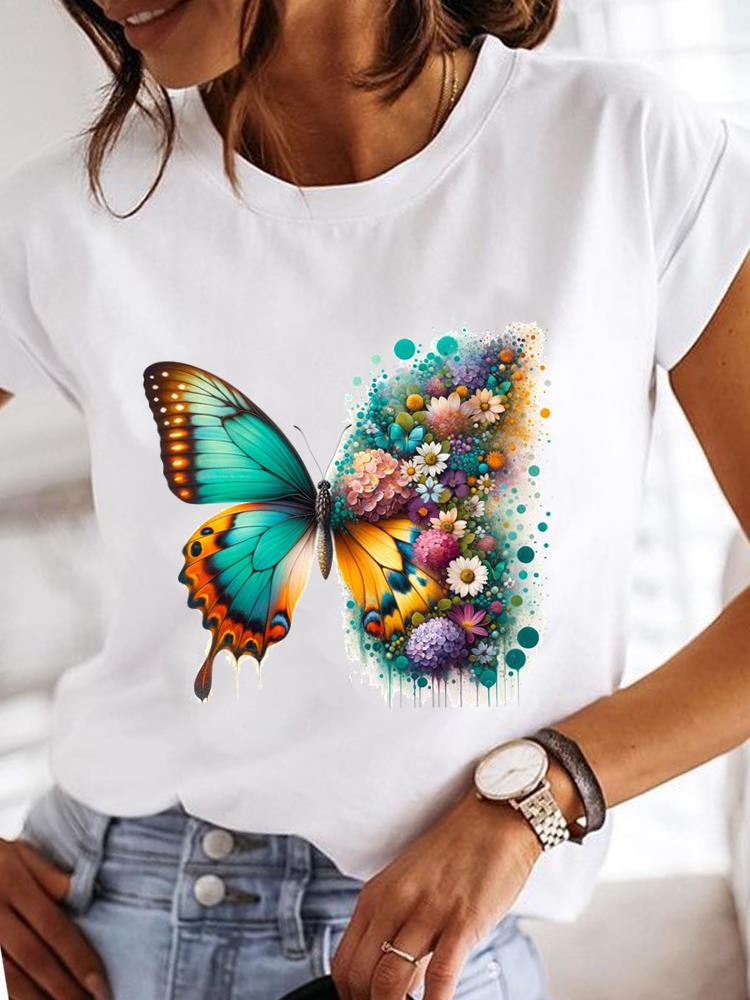 (Asian Size) Clothing T Shirt Lovely Cartoon Butterfly Fashion Tee Print Lady Women Casual Top Short Sleeve Female Graphic T-shirts
