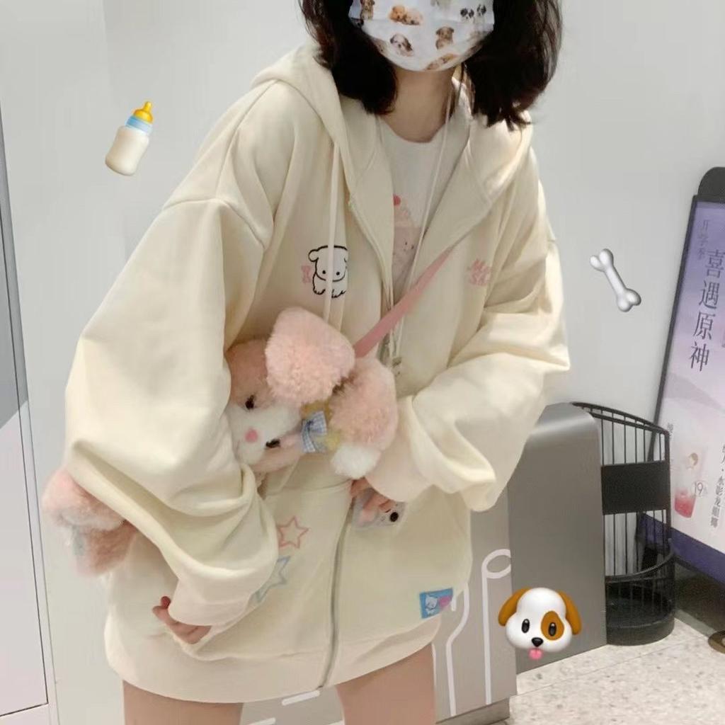 Harajuku Kawaii розовая толстовка на молнии женская милая милая мультяшная бежевая кофта с капюшоном оверсайз корейский флисовый девчачий синий топ