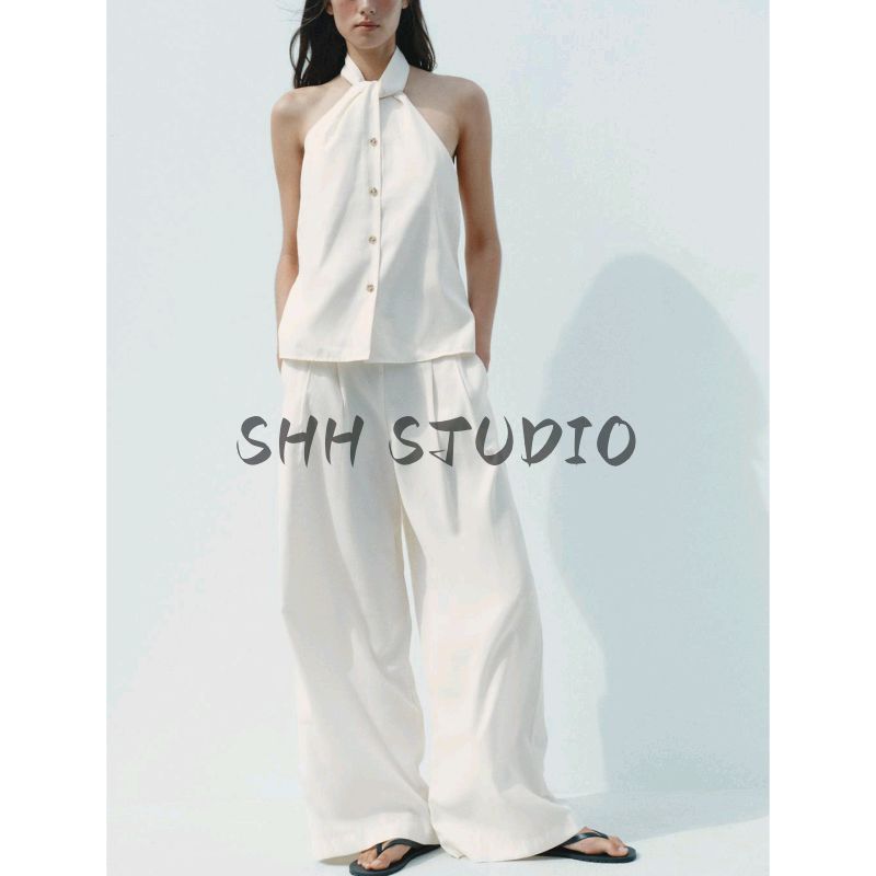 Summer New Product Women's Clothes French Pleated Design Drape Fabric Mid Waist Wide Leg Casual Trousers 8338504