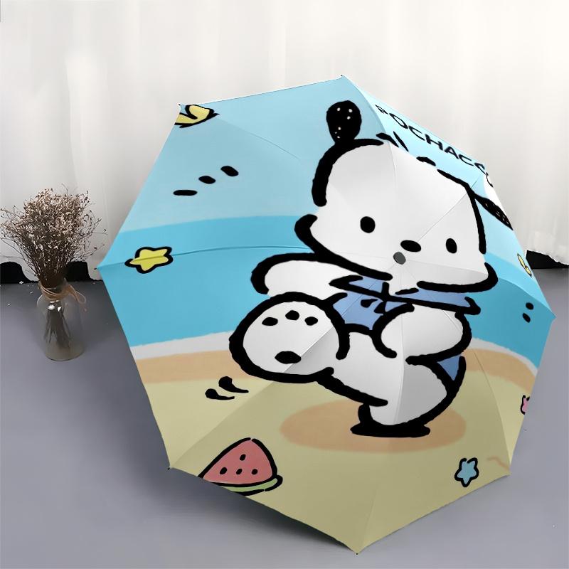Beach Pochacco Cartoon Umbrella, Portable 3-Fold Compact Umbrella, Suitable for Camping, Hiking and Travel, Ideal Easter Birthday Gift for Family and