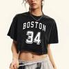 Boston 34 Art Letter Printed Women Washed Crop T-Shirt Cotton Casual Tee Tops Street Hip Hop Short Sleeve T Shirts