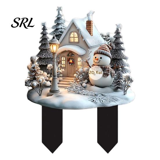 Double Sided Holiday Yard Stakes Santa Claus Garden Stake, Christmas Acrylic Snowman Sign, 2D Winter Festive Art Flat Snowy Cottage Ornament for Lawn