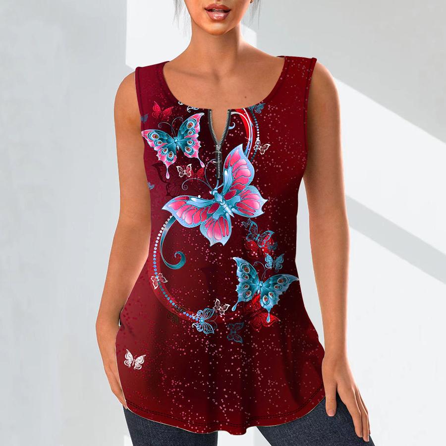 Women's Fashion V Neck Shirts Casual Tops T-shirt Ladies 3D Flying Butterfly Print Vest Plus Size Sleeveless Blouse Tank Tops