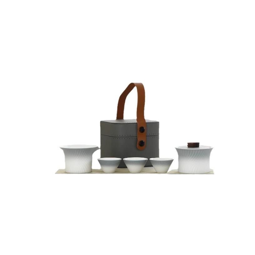 Outdoor Portable Ceramic Tea Set: One Pot, Three Cups, Gradient Grey Glaze for Travel and Business Trips