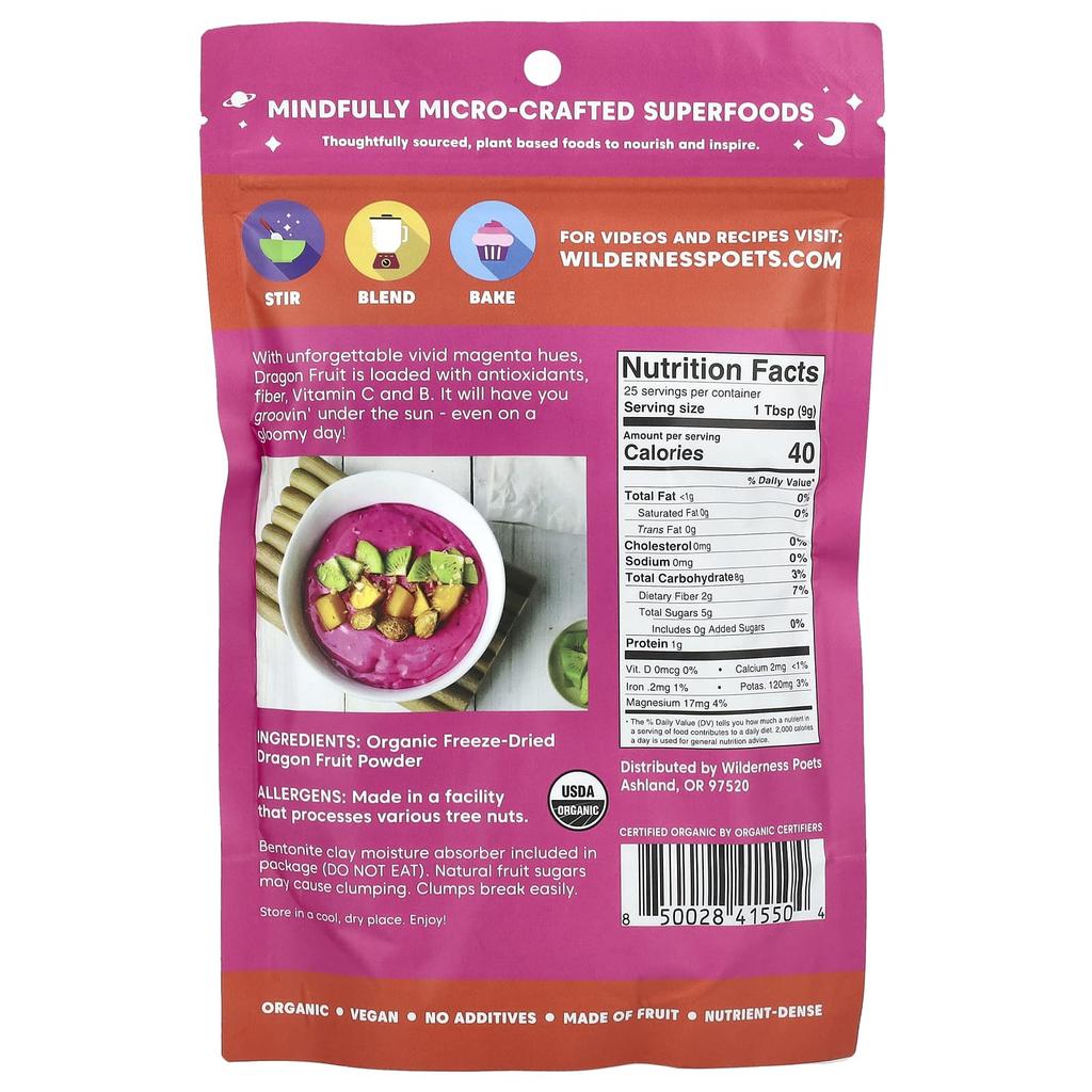 Wilderness Poets, Organic Freeze-Dried Dragonfruit Powder, 8 oz (226 g)
