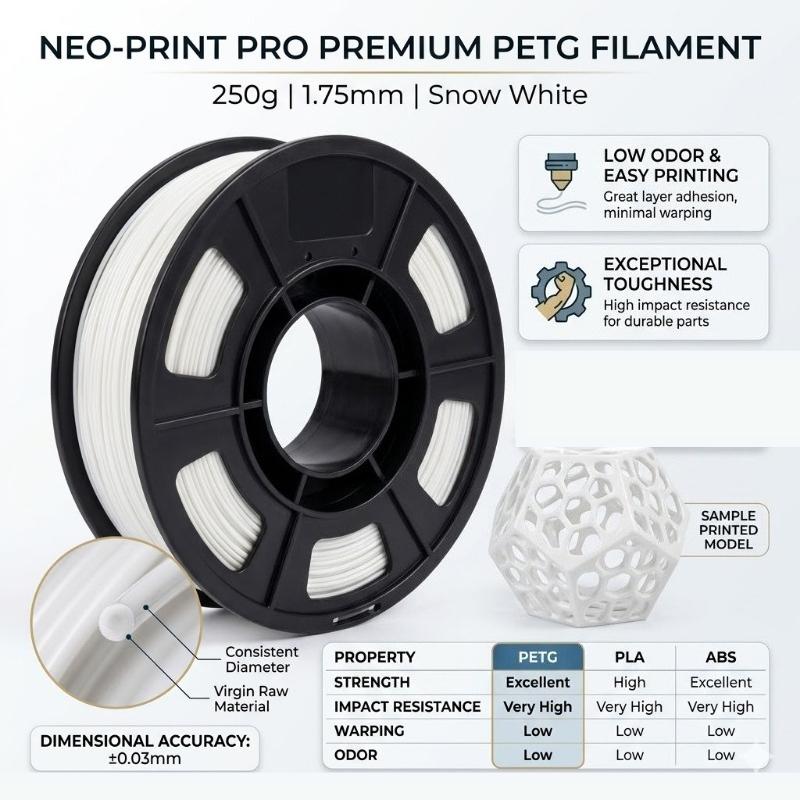 PETG белый,серый,прозрачный,телесный,розовый,черный,Филамент для 3D-принтера 1.75мм 250г,Высокая прочность,Отличное сцепление слоев