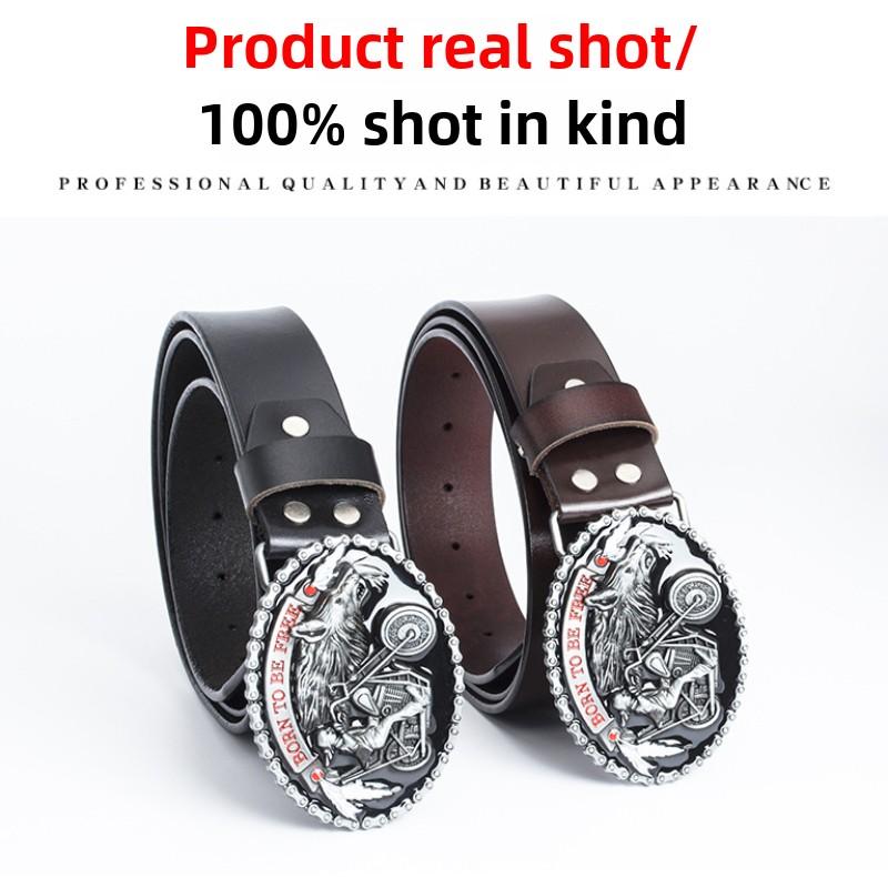 Ремень с пряжкой из сплава Big Wolf Head, двухслойный ремень из коровьей кожи, повседневный ремень из денима с гладкой пряжкой