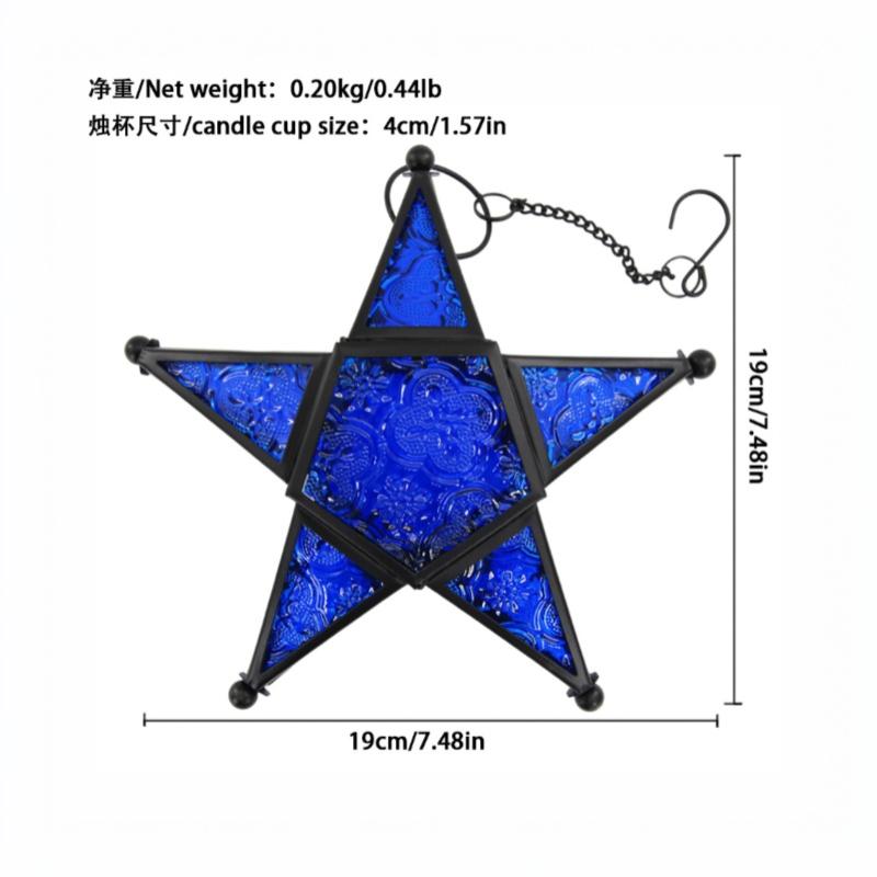 Pentagram Iron Candle Holder Colorful Stained Glass Windproof Hanging Lantern for Christmas Holiday Tabletop Decor